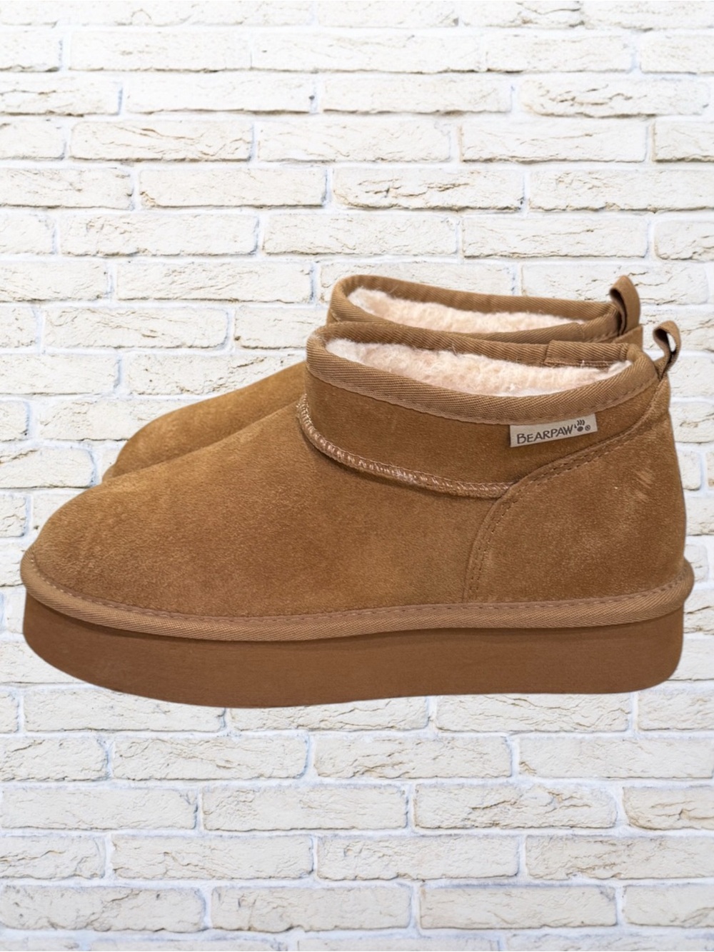 BearPaw Tan Suede Fleece-Lined Ankle Boots -Shorty -Size 8